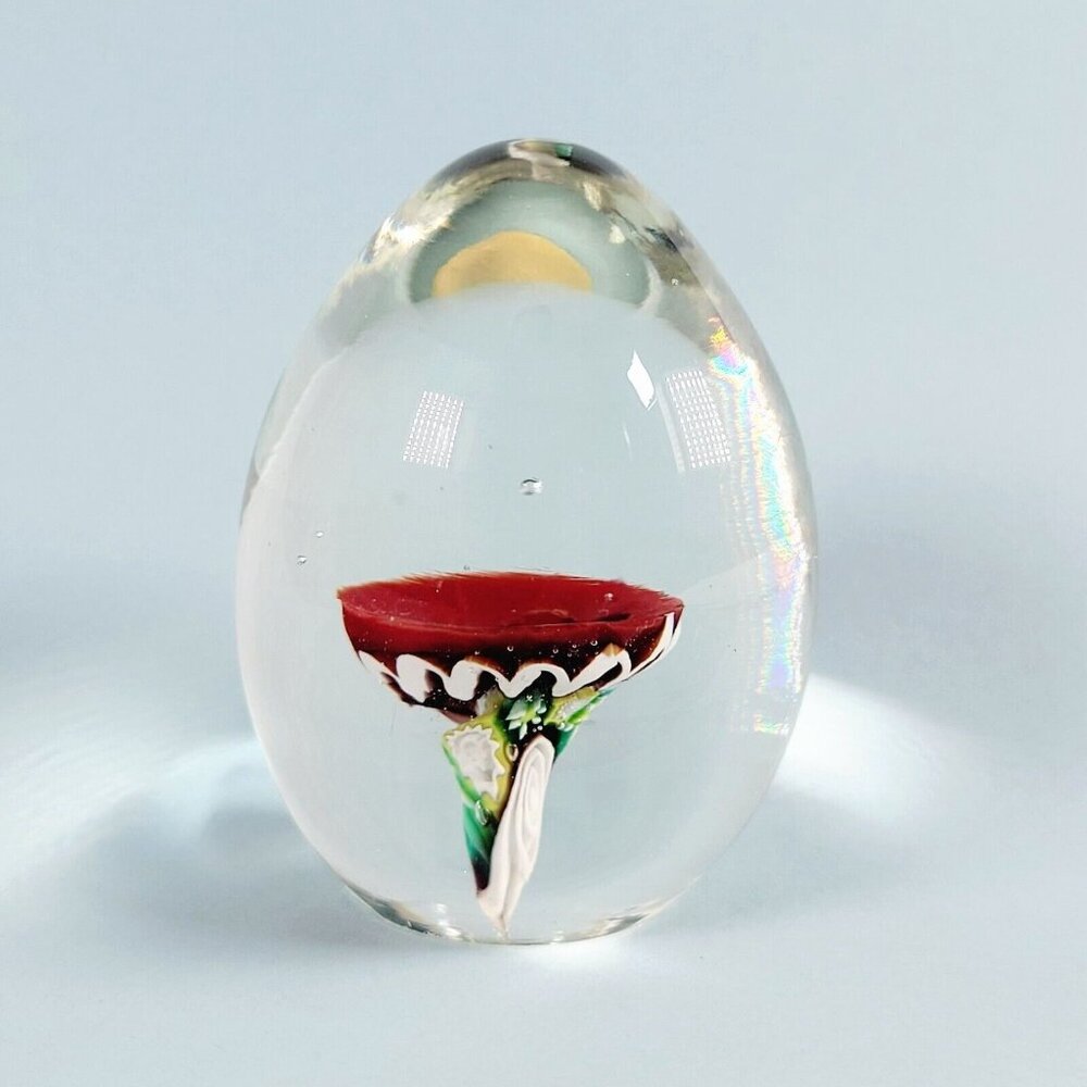 Vintage Murano Label Glass Egg Paperweight Pulled Millefiori Trumpet Red Flower